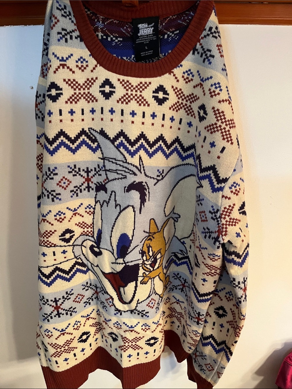 Tom & Jerry Cream Fair Isle Knit Sweater - Brown Trim